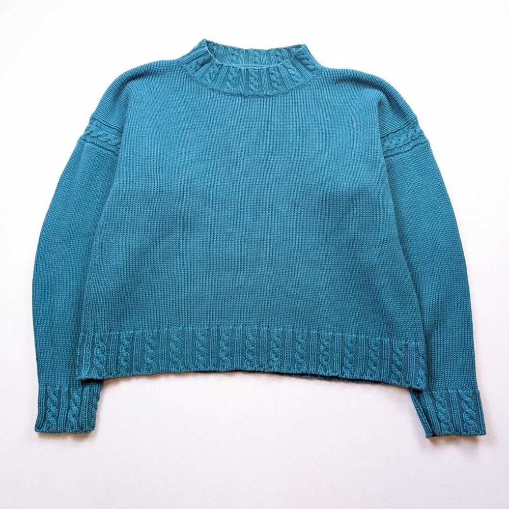 Vintage Eddie Bauer Teal Cable Knit Sweater with ribbed cuffs and hem size L